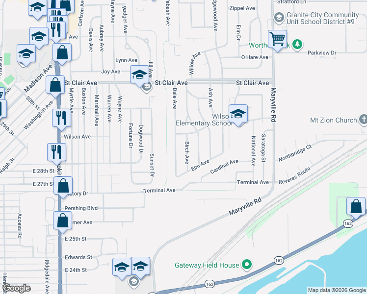 map of restaurants, bars, coffee shops, grocery stores, and more near 2740 Birch Avenue in Granite City