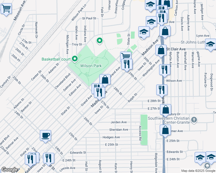 map of restaurants, bars, coffee shops, grocery stores, and more near 2740 Madison Avenue in Granite City