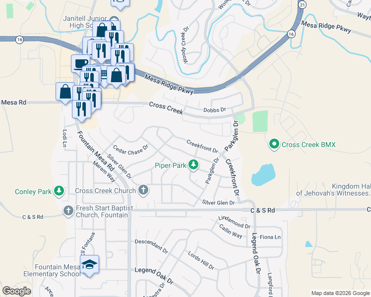 map of restaurants, bars, coffee shops, grocery stores, and more near 7454 Bentwater Drive in Fountain