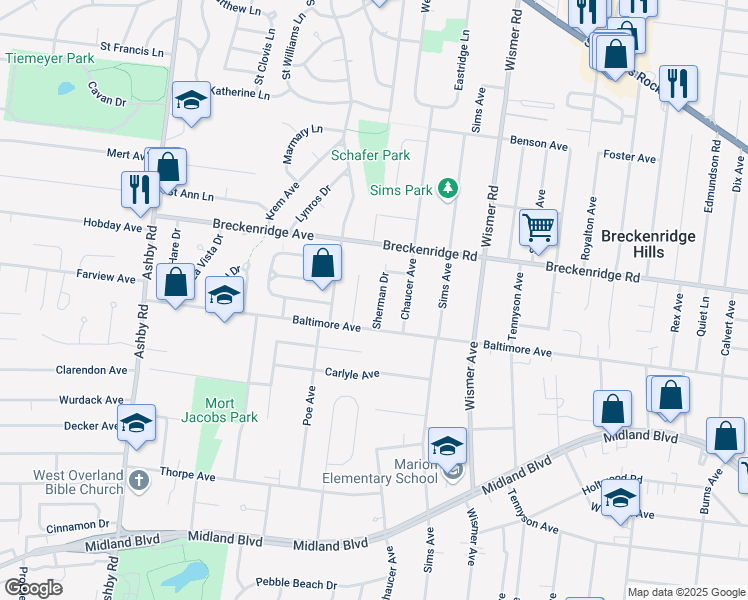 map of restaurants, bars, coffee shops, grocery stores, and more near 3102 Glenwood Court in Saint Ann