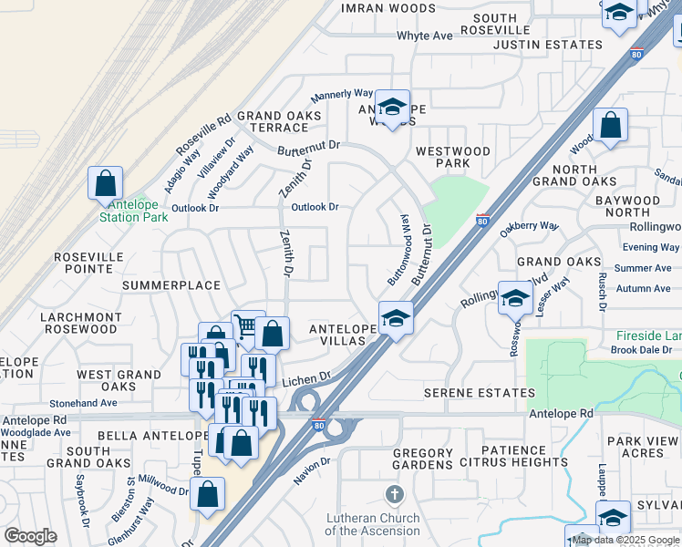 map of restaurants, bars, coffee shops, grocery stores, and more near 8047 Lichen Drive in Citrus Heights