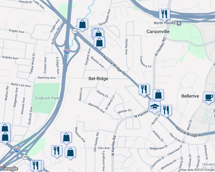 map of restaurants, bars, coffee shops, grocery stores, and more near 8835 Elaine Place in St. Louis