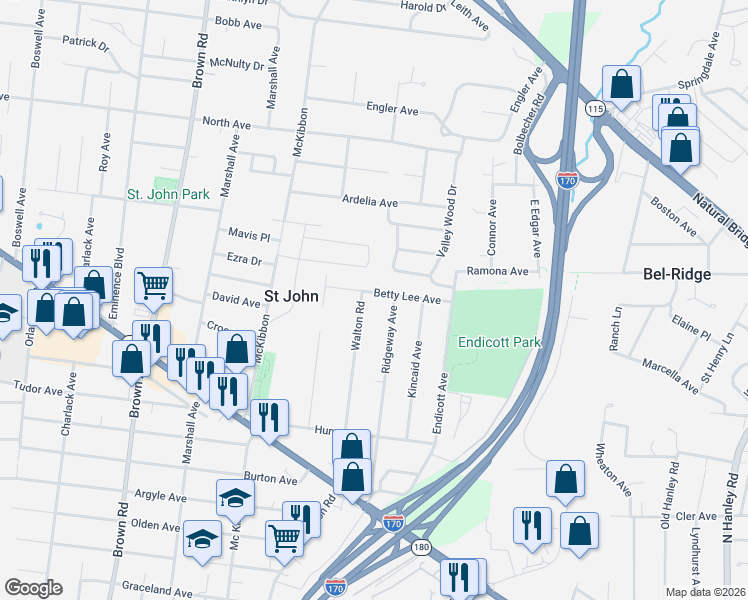 map of restaurants, bars, coffee shops, grocery stores, and more near 3013 Ridgeway Avenue in St. Louis