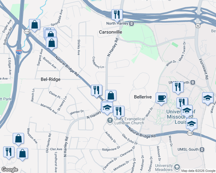 map of restaurants, bars, coffee shops, grocery stores, and more near 3733 North Hanley Road in St. Louis