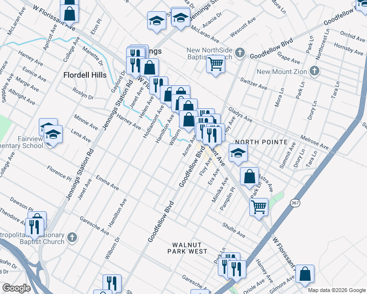 map of restaurants, bars, coffee shops, grocery stores, and more near 5720 Acme Avenue in St. Louis