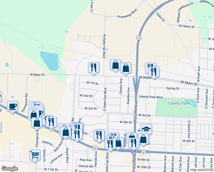 map of restaurants, bars, coffee shops, grocery stores, and more near 2301-2363 West 1st Street Terrace in Sedalia