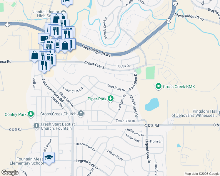 map of restaurants, bars, coffee shops, grocery stores, and more near 8403 Meadowcrest Drive in Fountain