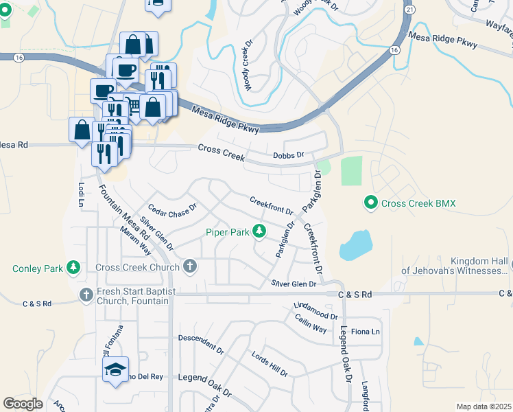 map of restaurants, bars, coffee shops, grocery stores, and more near 7395 Creekfront Drive in Fountain