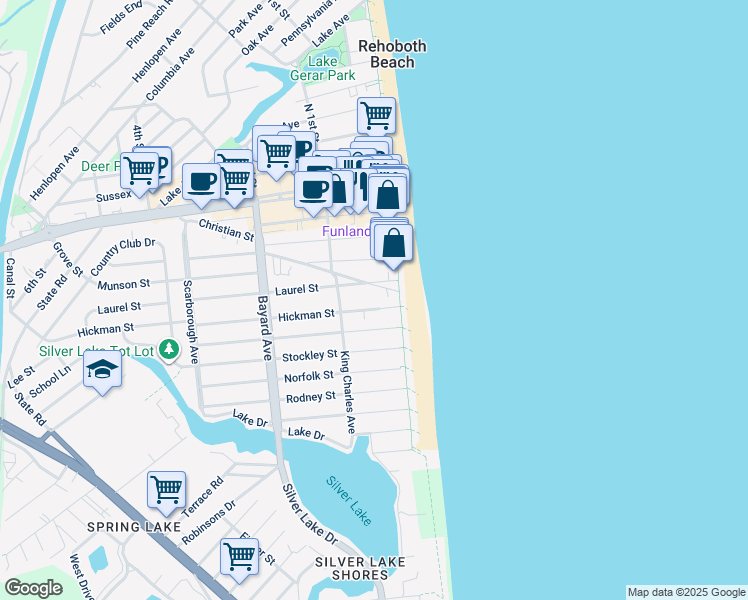 map of restaurants, bars, coffee shops, grocery stores, and more near 1 New Castle Street in Rehoboth Beach