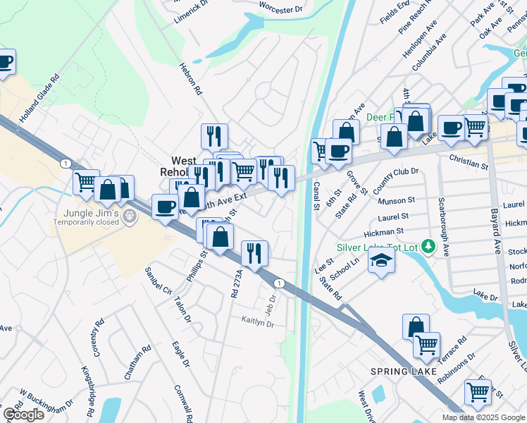 map of restaurants, bars, coffee shops, grocery stores, and more near 37529 Atlantic Avenue in Rehoboth Beach