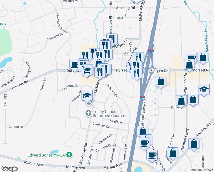 map of restaurants, bars, coffee shops, grocery stores, and more near 1867 Schulte Hill Drive in Maryland Heights