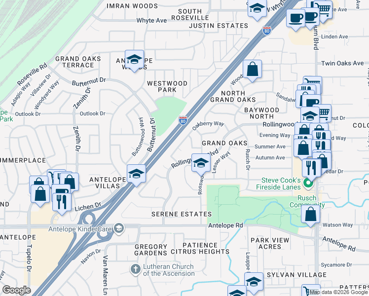 map of restaurants, bars, coffee shops, grocery stores, and more near 7225 Rollingwood Boulevard in Citrus Heights
