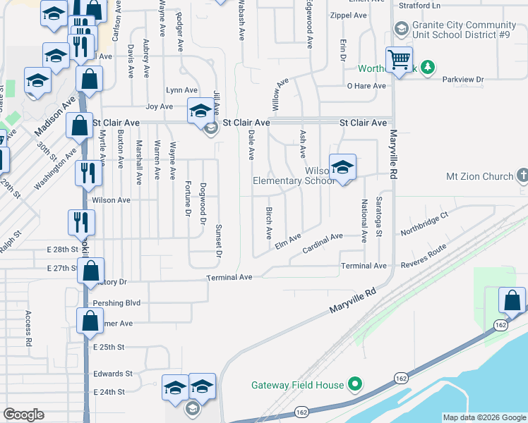 map of restaurants, bars, coffee shops, grocery stores, and more near 2740 Birch Avenue in Granite City