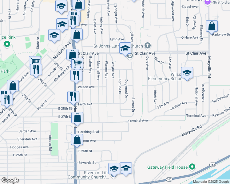 map of restaurants, bars, coffee shops, grocery stores, and more near 2828 Wayne Avenue in Granite City