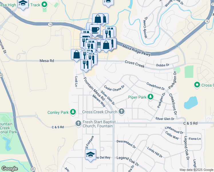 map of restaurants, bars, coffee shops, grocery stores, and more near 8225 Cedar Chase Drive in Fountain