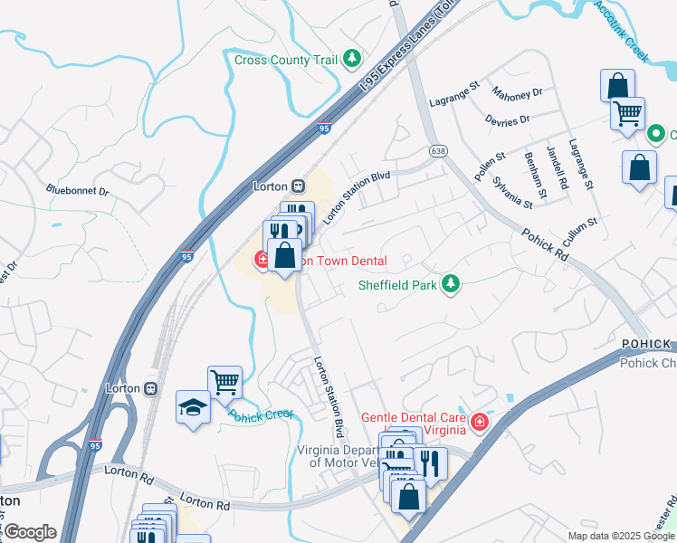 map of restaurants, bars, coffee shops, grocery stores, and more near 9029 Harrover Place in Lorton