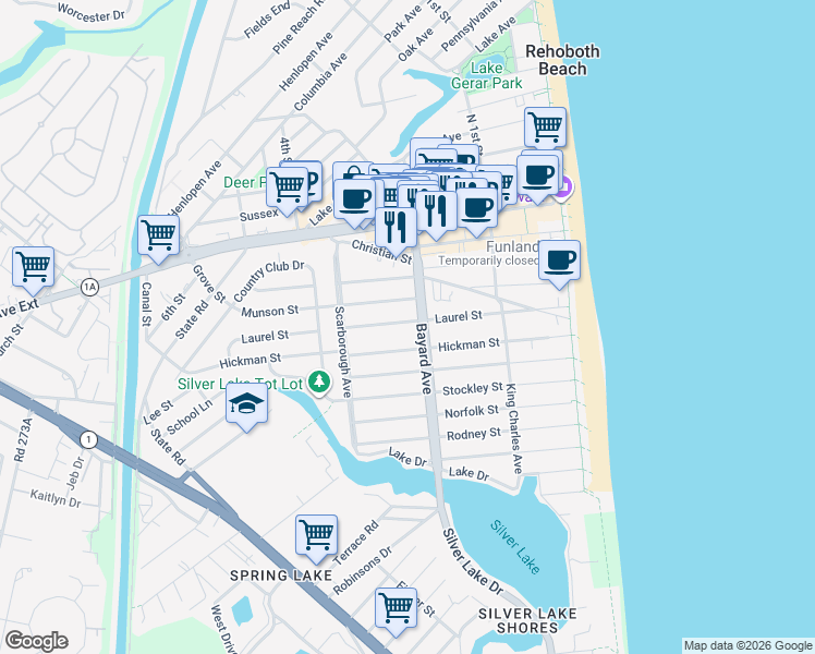 map of restaurants, bars, coffee shops, grocery stores, and more near 200 Laurel Street in Rehoboth Beach