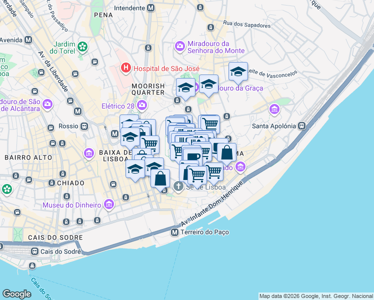 map of restaurants, bars, coffee shops, grocery stores, and more near Rua do Recolhimento in Lisboa