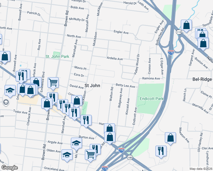 map of restaurants, bars, coffee shops, grocery stores, and more near 8636 Belhaven Drive in St. Louis