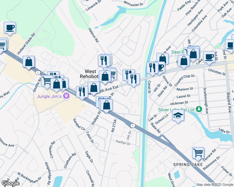 map of restaurants, bars, coffee shops, grocery stores, and more near 37484 Washington Street in Rehoboth Beach