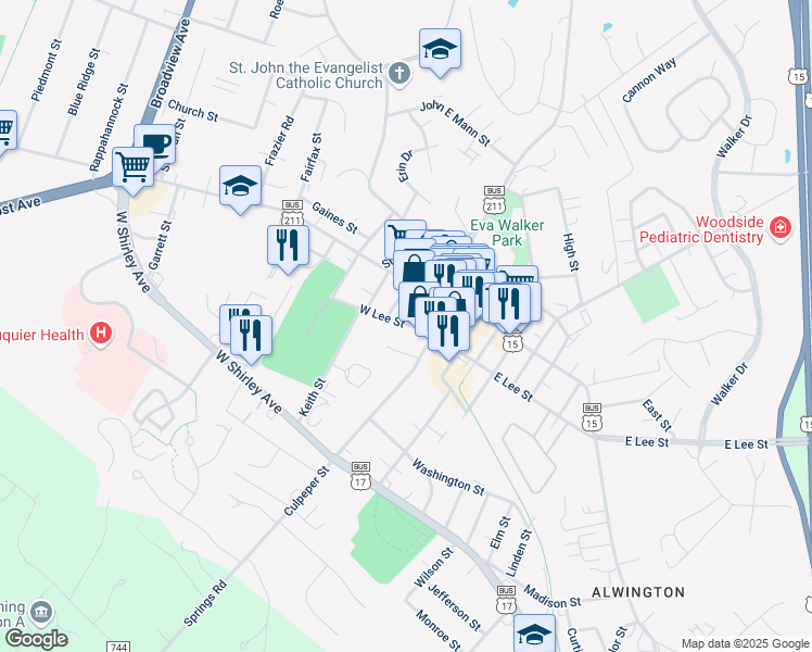 map of restaurants, bars, coffee shops, grocery stores, and more near in Warrenton