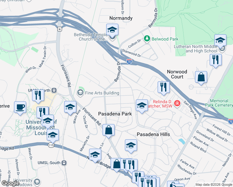 map of restaurants, bars, coffee shops, grocery stores, and more near 7621 Springdale Drive in St. Louis