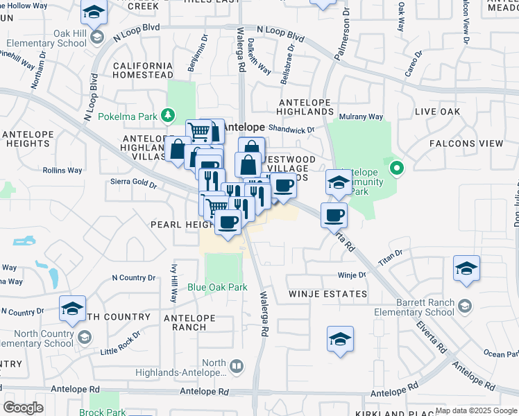 map of restaurants, bars, coffee shops, grocery stores, and more near 4325 Elverta Road in Antelope