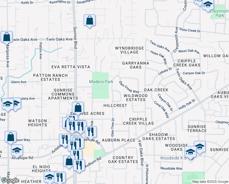 map of restaurants, bars, coffee shops, grocery stores, and more near 8108 Glen Tree Drive in Citrus Heights