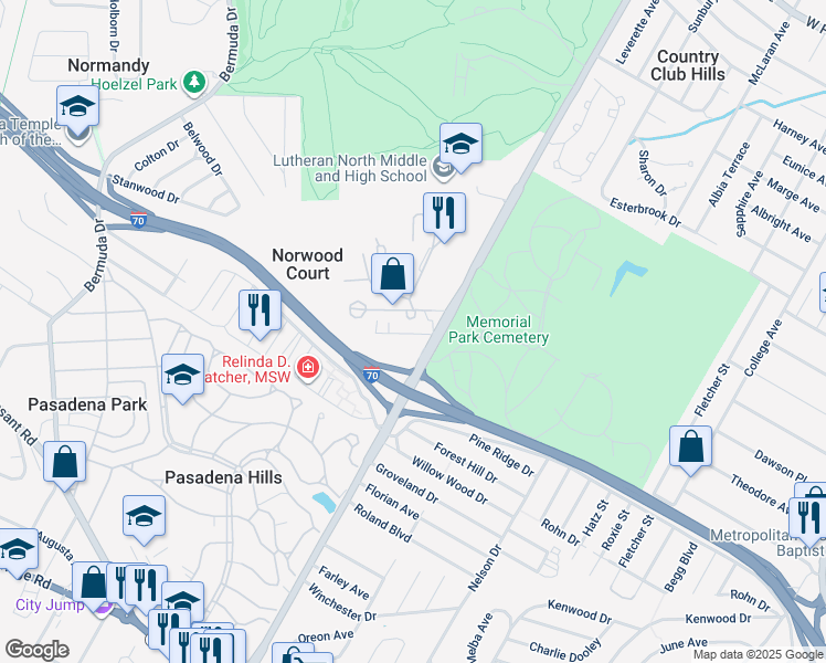 map of restaurants, bars, coffee shops, grocery stores, and more near 7213 Burrwood Drive in St. Louis