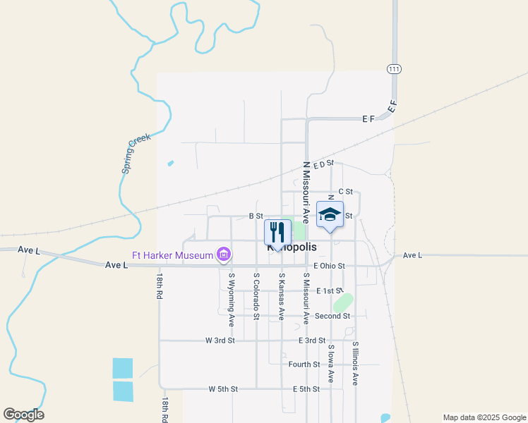 map of restaurants, bars, coffee shops, grocery stores, and more near 300-398 North Kansas Avenue in Kanopolis