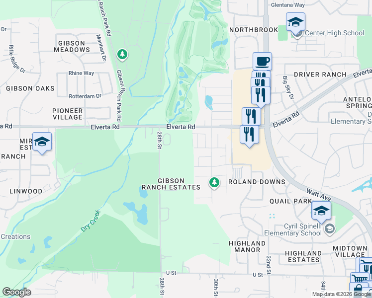 map of restaurants, bars, coffee shops, grocery stores, and more near 2710 Elverta Road in Antelope
