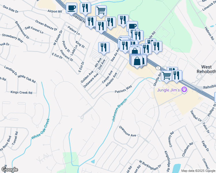 map of restaurants, bars, coffee shops, grocery stores, and more near 19909 Center Avenue in Rehoboth Beach