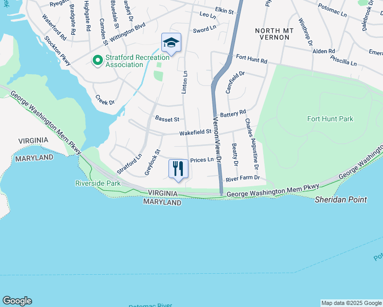 map of restaurants, bars, coffee shops, grocery stores, and more near 9013 Linton Lane in Alexandria