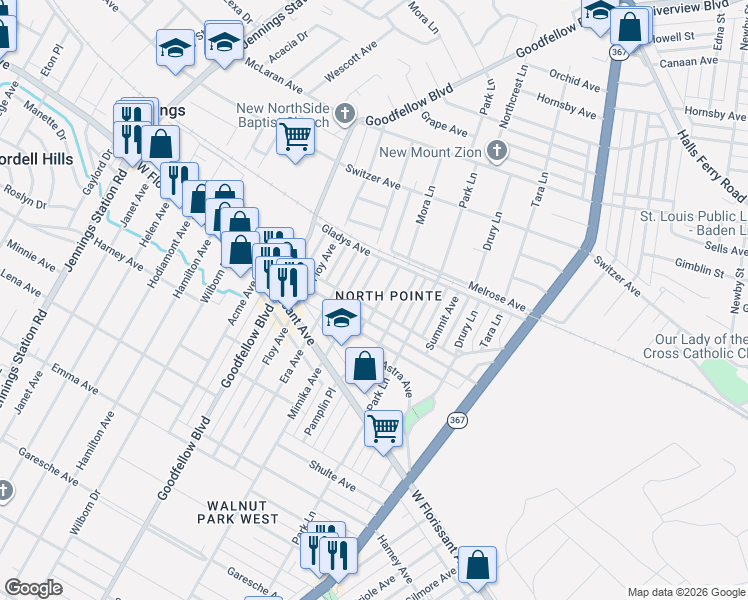 map of restaurants, bars, coffee shops, grocery stores, and more near 5947 Alpha Avenue in St. Louis