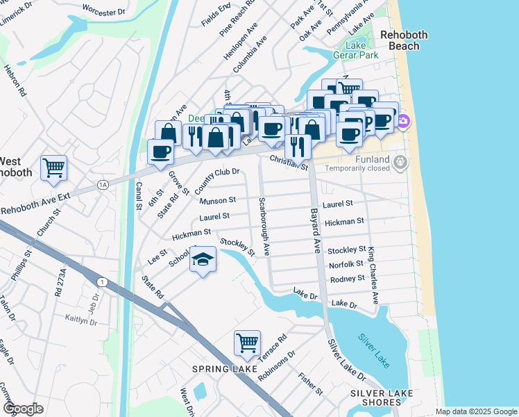 map of restaurants, bars, coffee shops, grocery stores, and more near 201 Country Club Drive in Rehoboth Beach