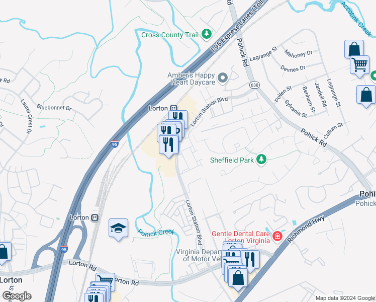 map of restaurants, bars, coffee shops, grocery stores, and more near 9067 Arch Hall Road in Lorton