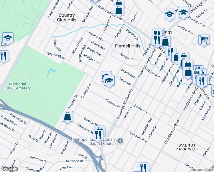 map of restaurants, bars, coffee shops, grocery stores, and more near 7053 Emma Avenue in Jennings