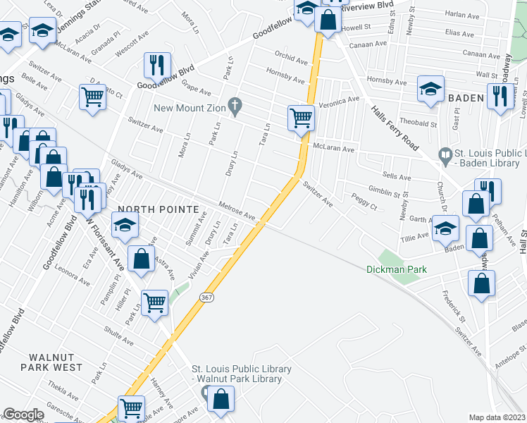 map of restaurants, bars, coffee shops, grocery stores, and more near 8515 Riverview Boulevard in St. Louis