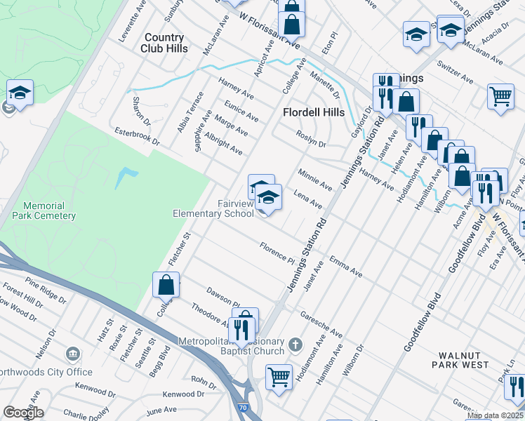 map of restaurants, bars, coffee shops, grocery stores, and more near 7053 Emma Avenue in Jennings