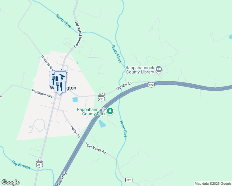 map of restaurants, bars, coffee shops, grocery stores, and more near Old Mill Rd in Washington