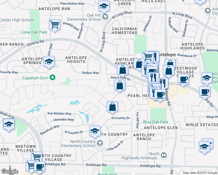 map of restaurants, bars, coffee shops, grocery stores, and more near 7945 White Gold Court in Antelope