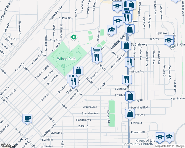 map of restaurants, bars, coffee shops, grocery stores, and more near 2817 Madison Avenue in Granite City