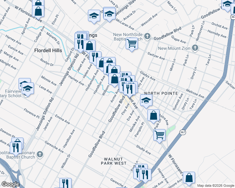 map of restaurants, bars, coffee shops, grocery stores, and more near 6400 West Florissant Avenue in Jennings