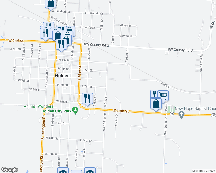map of restaurants, bars, coffee shops, grocery stores, and more near 515 South Clay Street in Holden