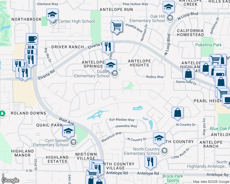 map of restaurants, bars, coffee shops, grocery stores, and more near 3700 Navaho Drive in Antelope