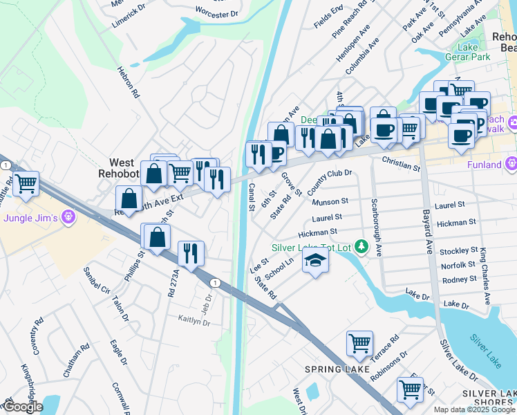 map of restaurants, bars, coffee shops, grocery stores, and more near 31 6th Street in Rehoboth Beach