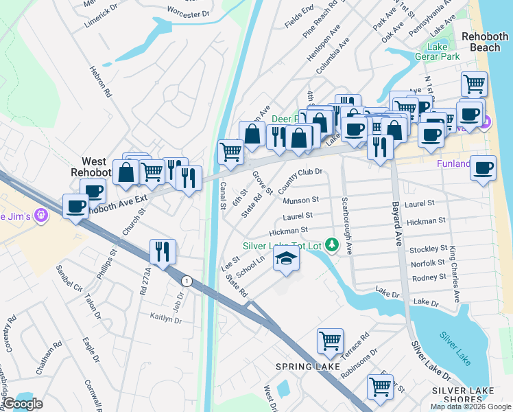 map of restaurants, bars, coffee shops, grocery stores, and more near 204 State Road in Rehoboth Beach