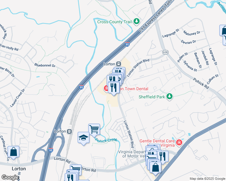 map of restaurants, bars, coffee shops, grocery stores, and more near 9030 Lorton Station Boulevard in Lorton