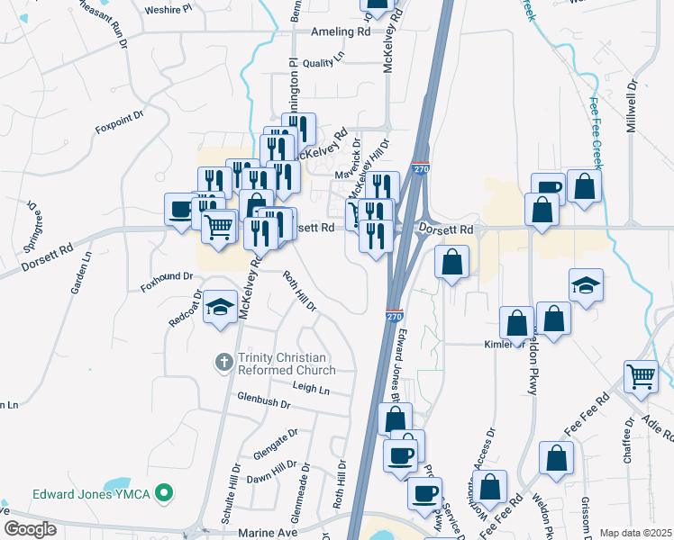 map of restaurants, bars, coffee shops, grocery stores, and more near 1872 Woodhollow Drive in Maryland Heights