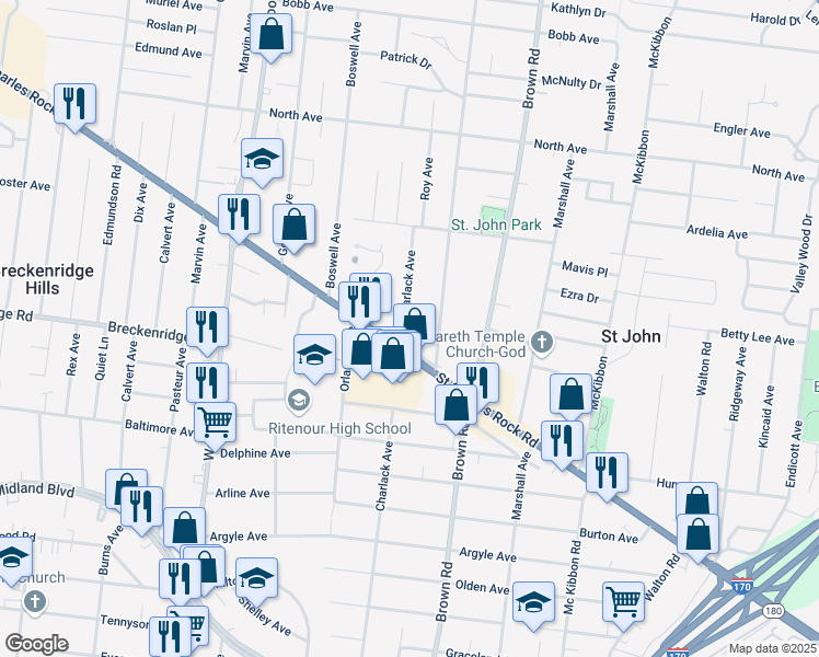 map of restaurants, bars, coffee shops, grocery stores, and more near 3408 Charlack Avenue in St. Louis